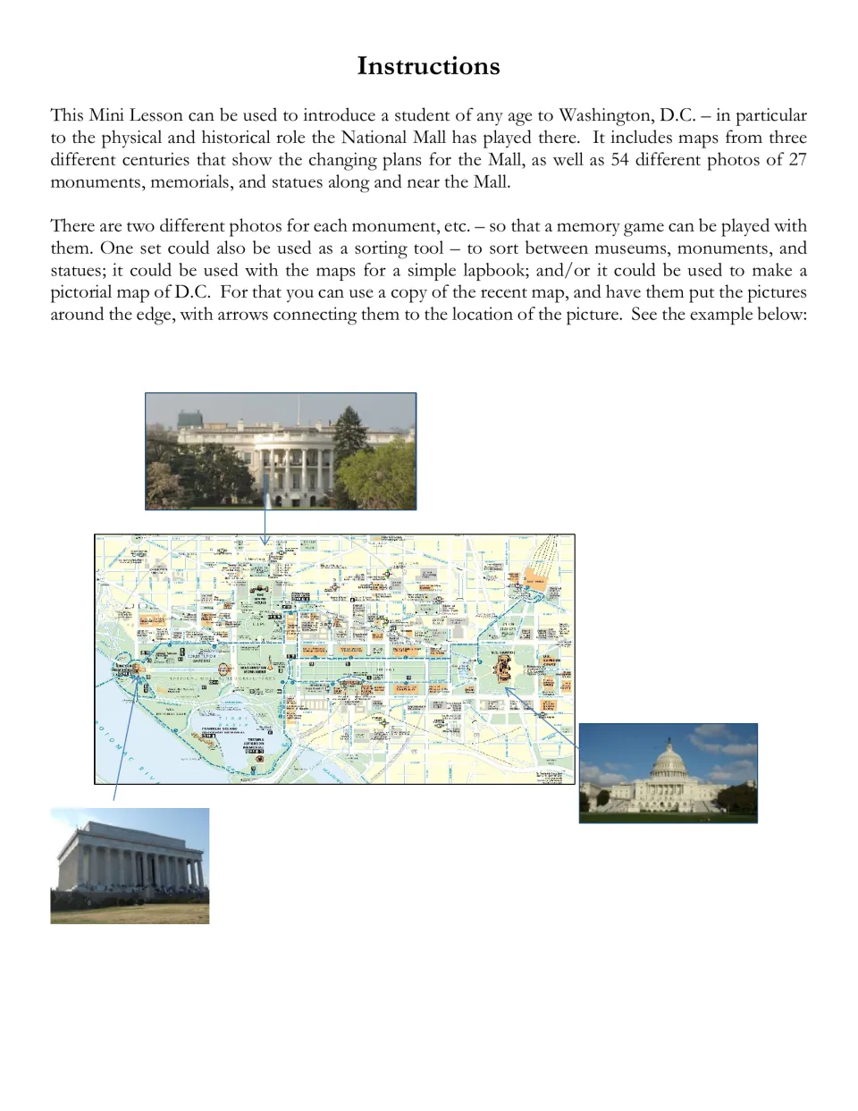 Mini unit instructions for using 54 photos in memory games, sorting, lapbooks, and a pictorial D.C. map