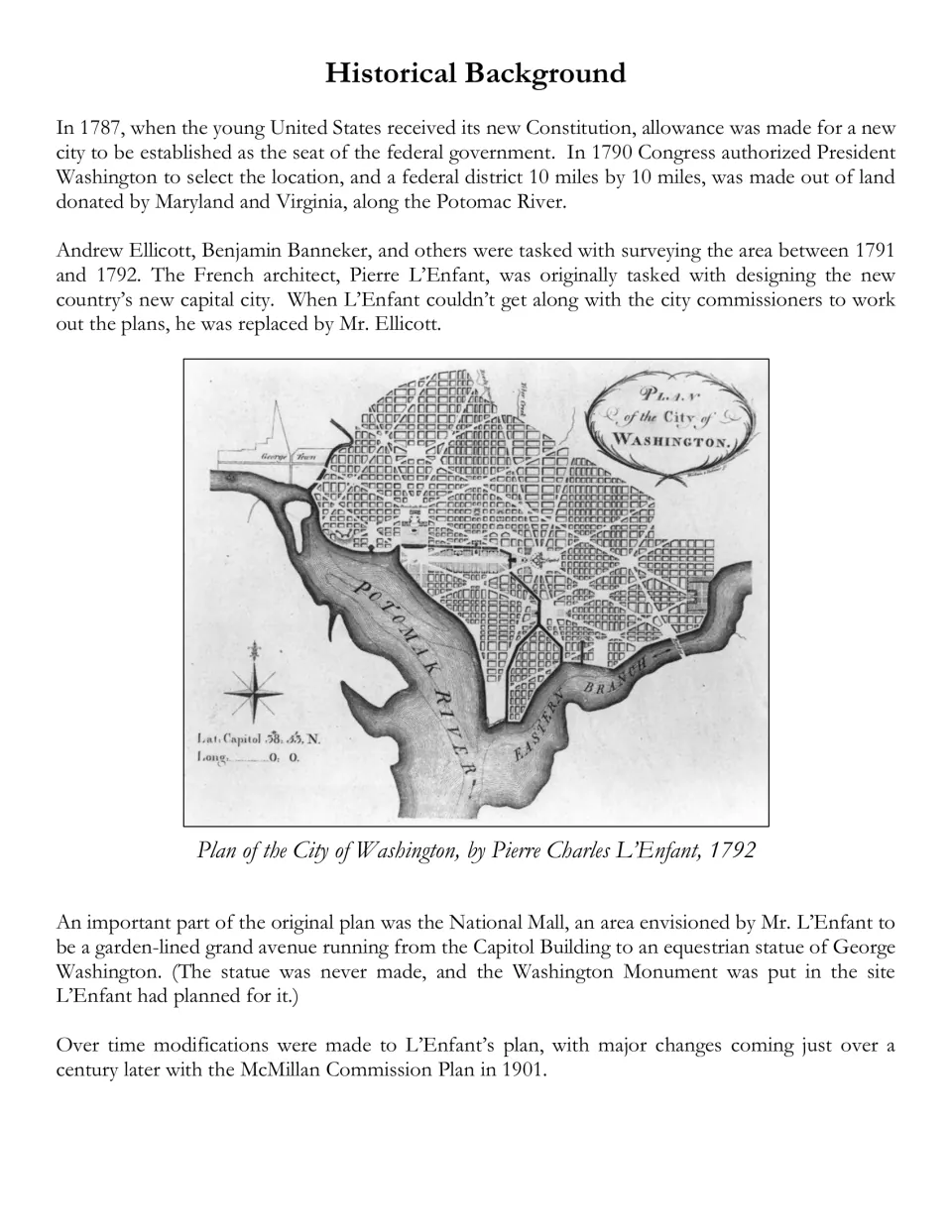 Historical background reading on Washington, D.C.'s founding and National Mall planning, with a 1792 map
