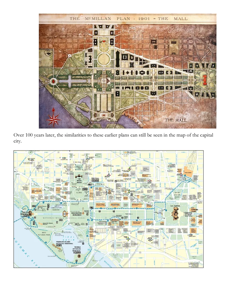 Map comparison in the mini unit showing the 1901 McMillan Plan and a later map of Washington, D.C.