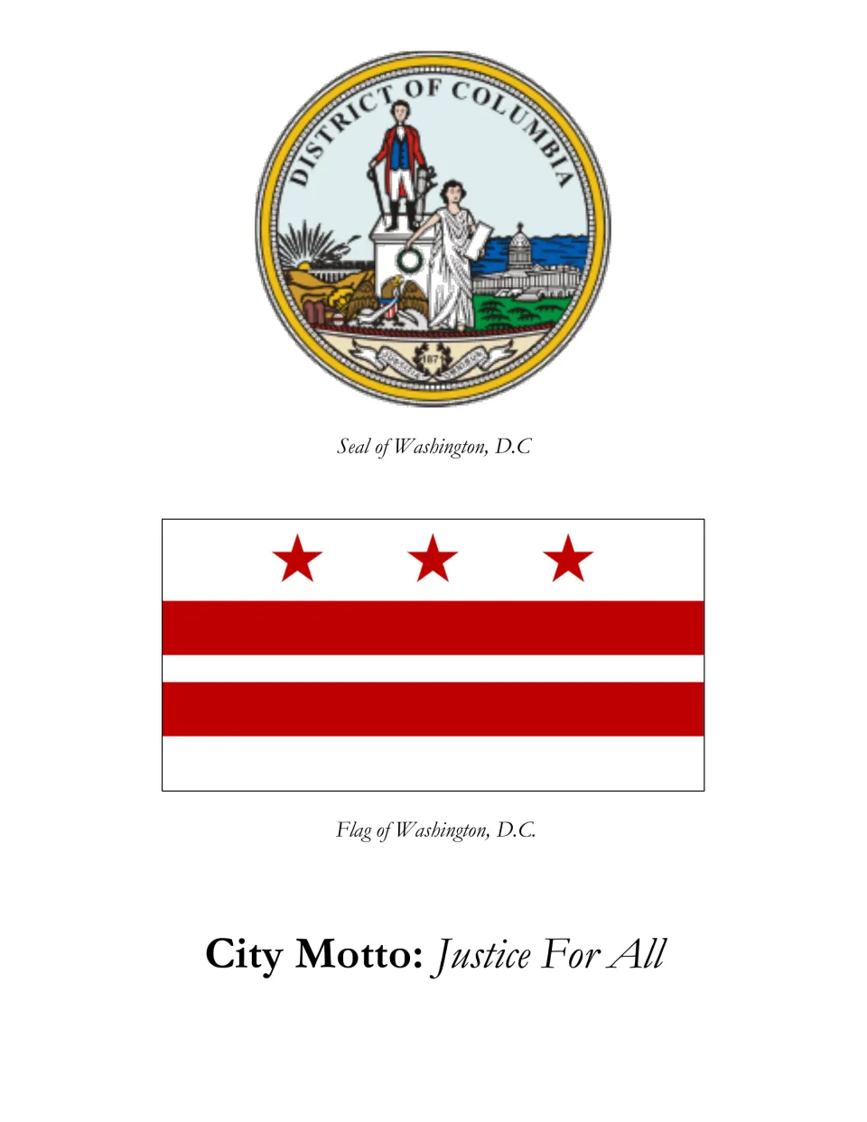City symbols reference in the mini unit showing Washington, D.C.'s seal, flag, and motto, Justice For All