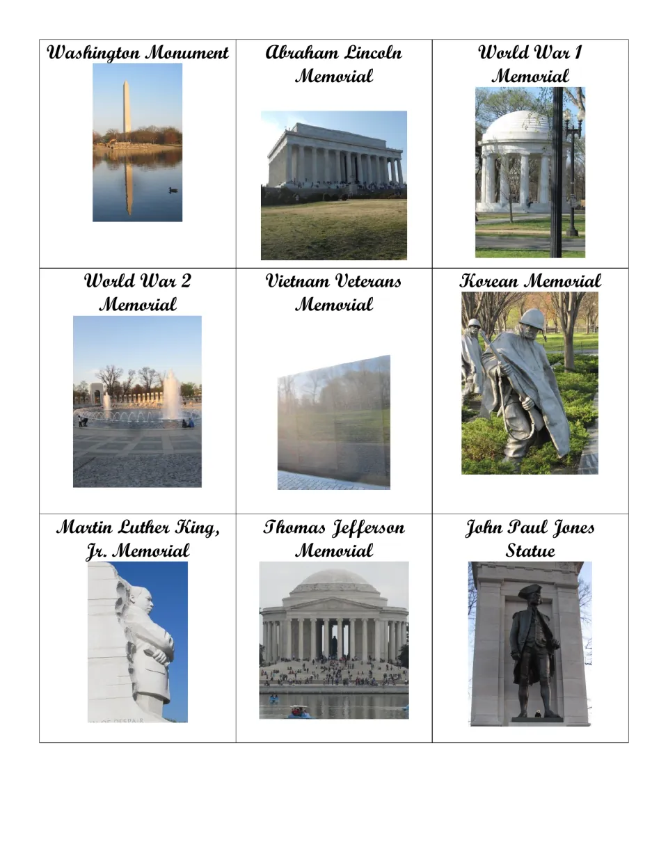 Nine photo cards for matching and sorting: Washington Monument, Lincoln Memorial, war memorials, and more