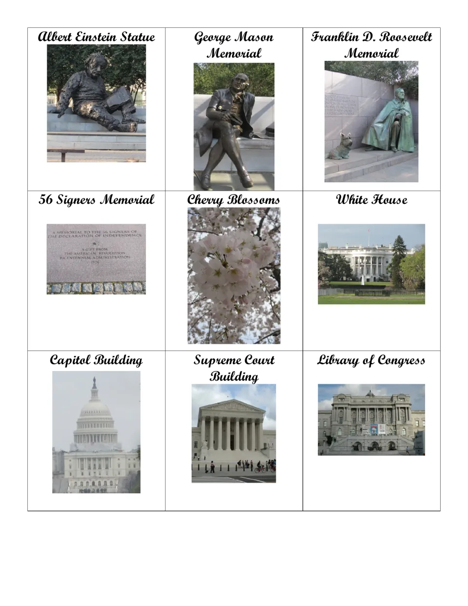 Nine photo cards for matching and sorting: Einstein statue, White House, Capitol, cherry blossoms, and more