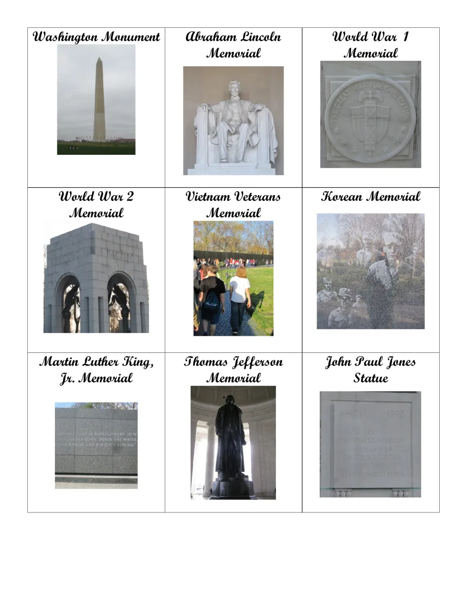 Nine alternate photo cards pairing with the first sheet, including Lincoln's statue and Jefferson's statue