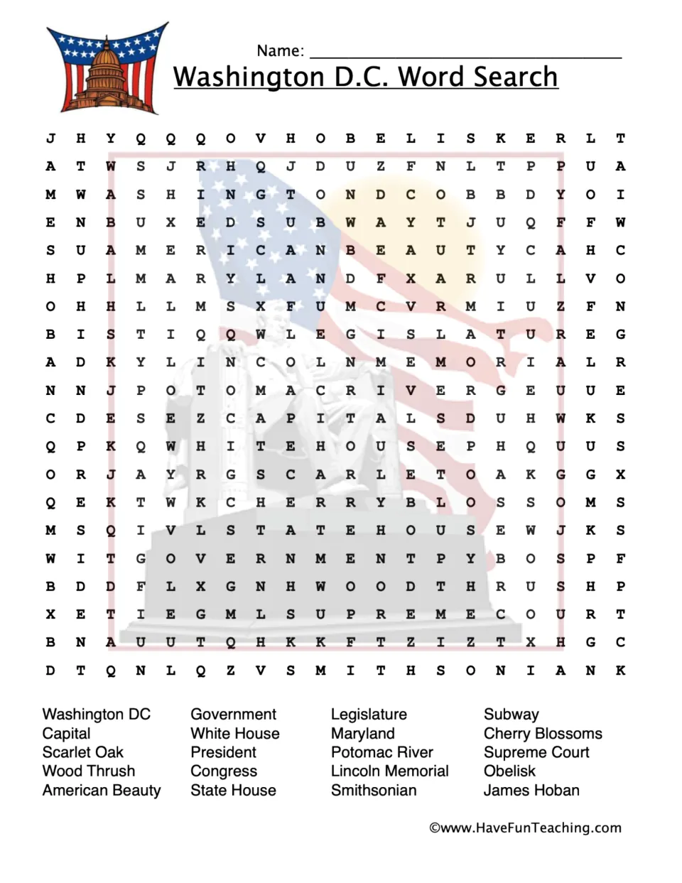Washington D.C. word search: students find 20 terms like White House, Potomac River, Lincoln Memorial and Cherry Blossoms