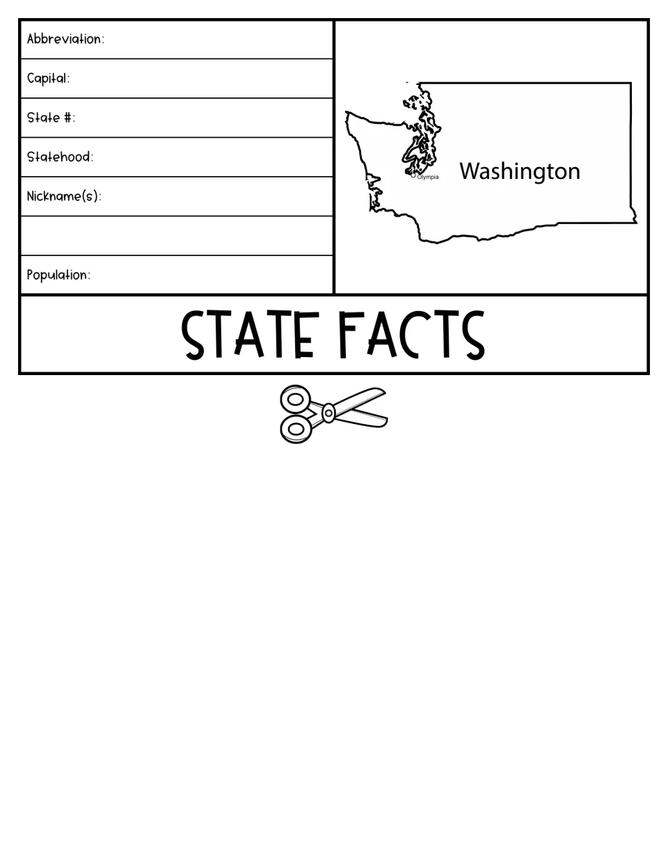 State facts flap: students record Washington's abbreviation, capital, state number, statehood, nicknames and population
