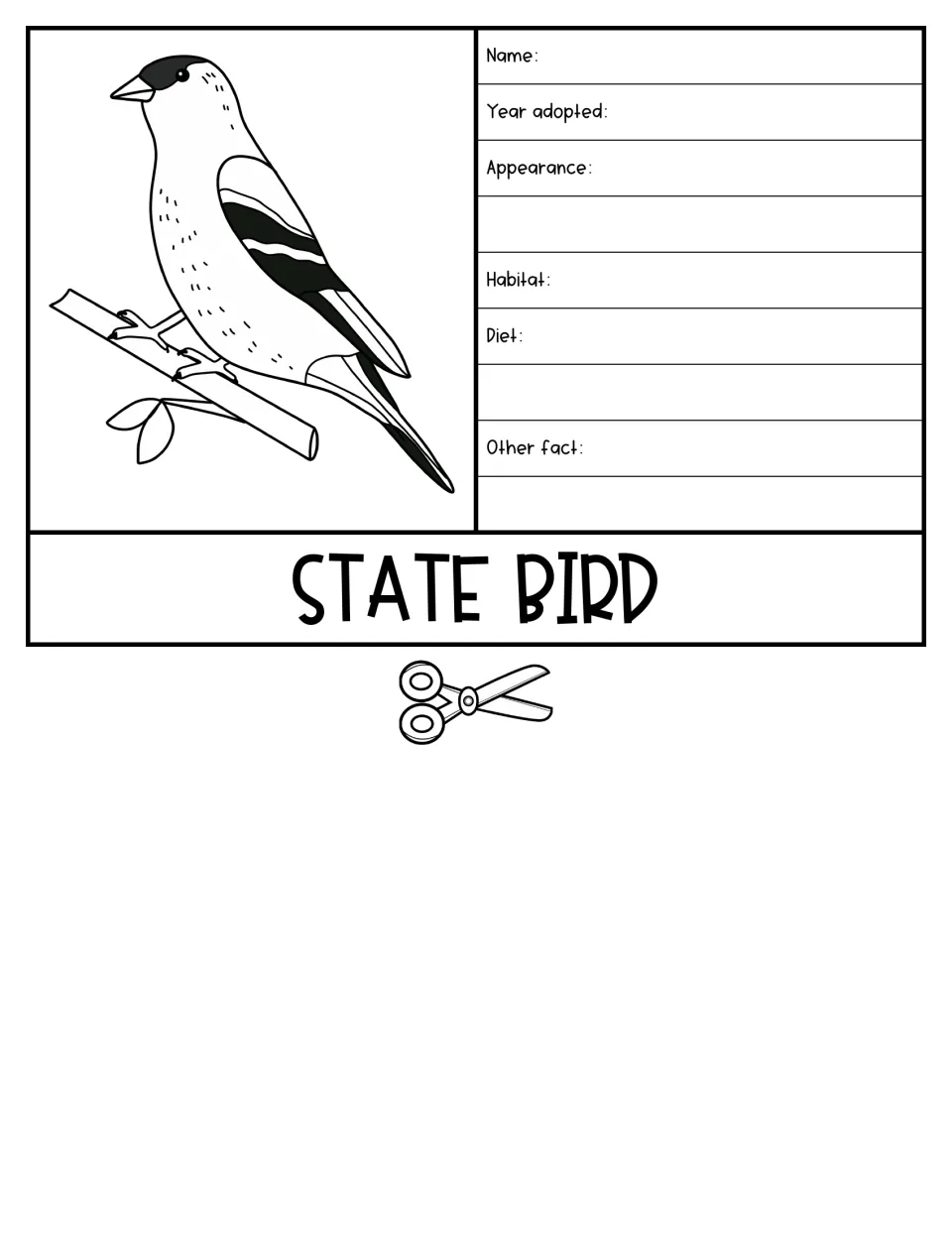 State bird flap with a songbird drawing; students write the bird's name, year adopted, appearance, habitat, diet and a fact