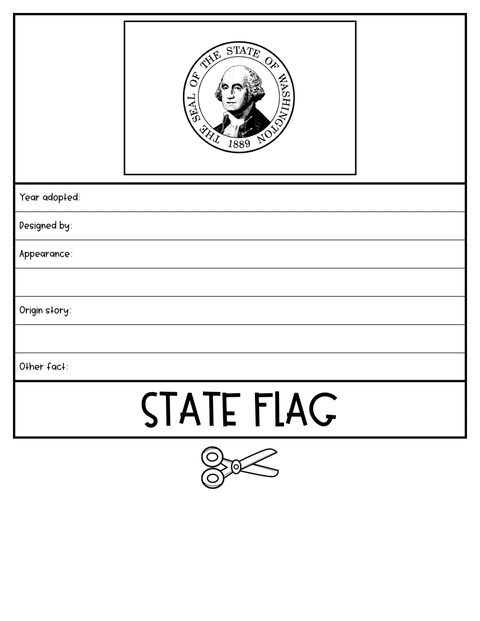 State flag flap showing the state seal with George Washington; students list year adopted, designer, appearance and origin