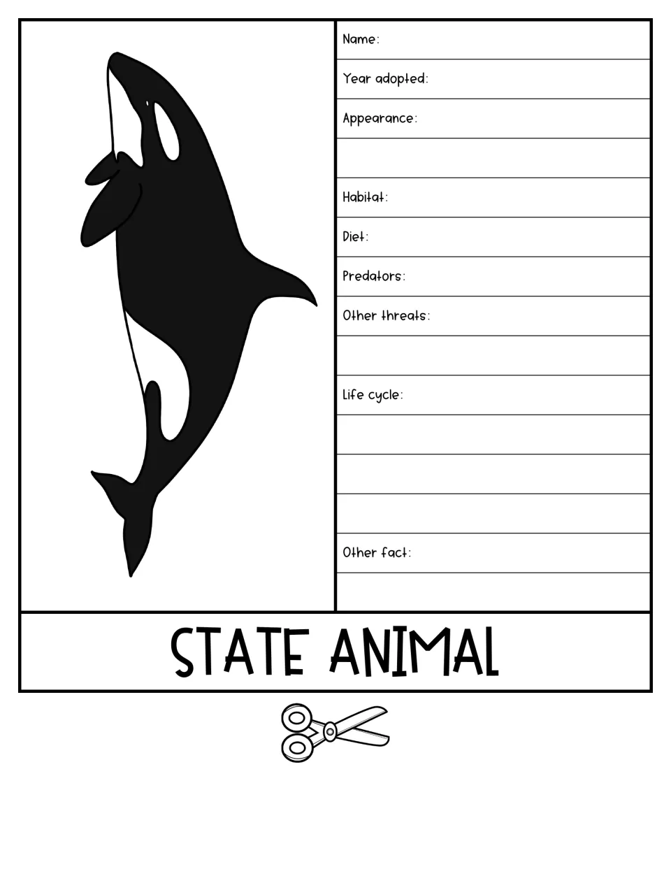 State animal flap with an orca drawing; students record its name, habitat, diet, predators, threats, life cycle and a fact