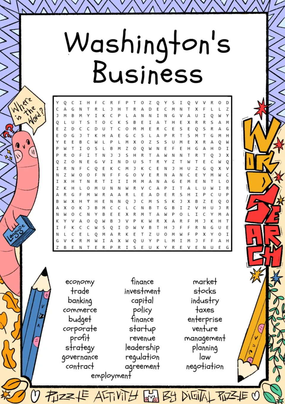 Business vocabulary word search: students find terms such as economy, trade, banking, profit and negotiation in the grid