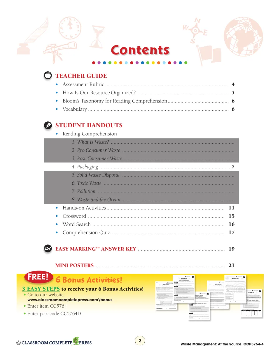 Table of contents: teacher guide, Packaging reading on page 7, crossword, word search, quiz and answer key