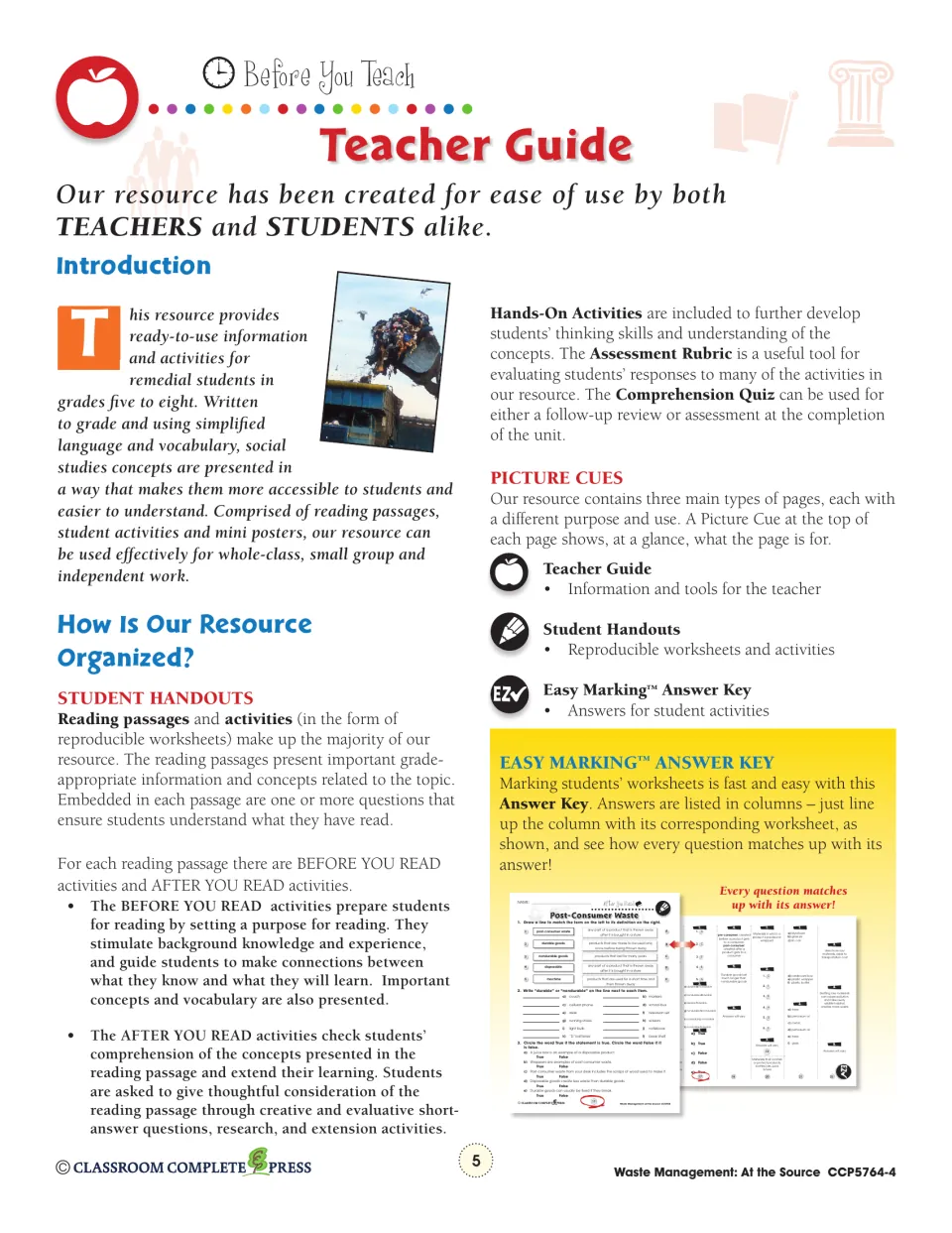 Teacher guide explaining the reading passages, Before and After You Read activities and the Easy Marking answer key