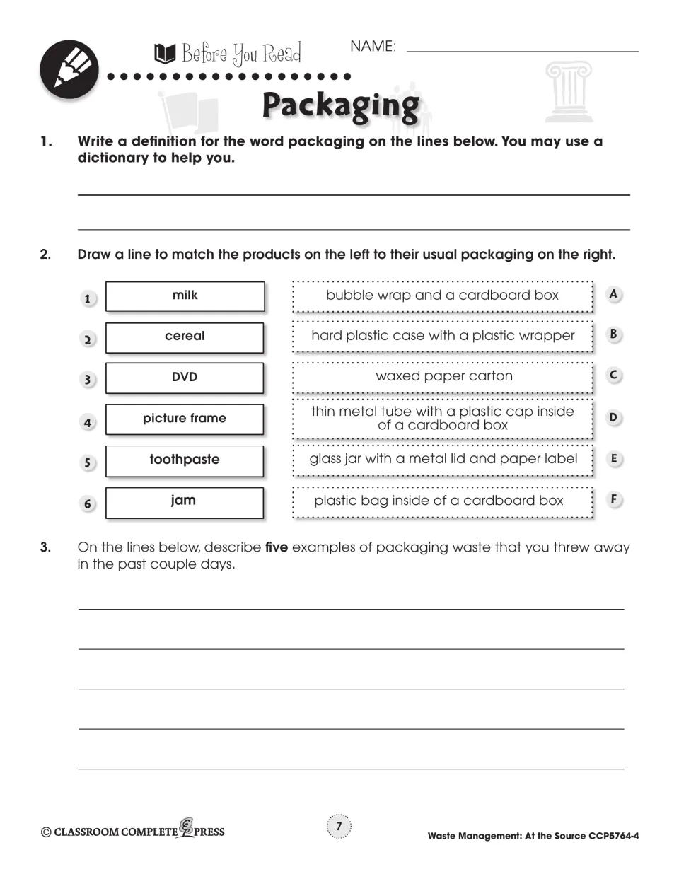 Before You Read: define packaging, match six products like milk and DVD to their packaging, list packaging waste