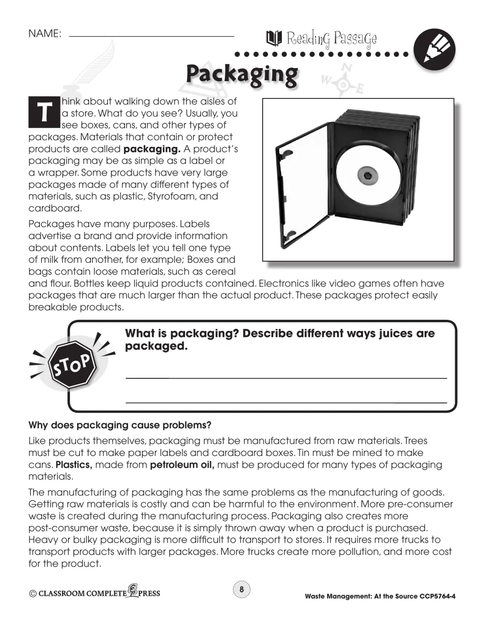 Packaging reading passage on what packaging is and why it causes problems, with a stop question on juice packaging