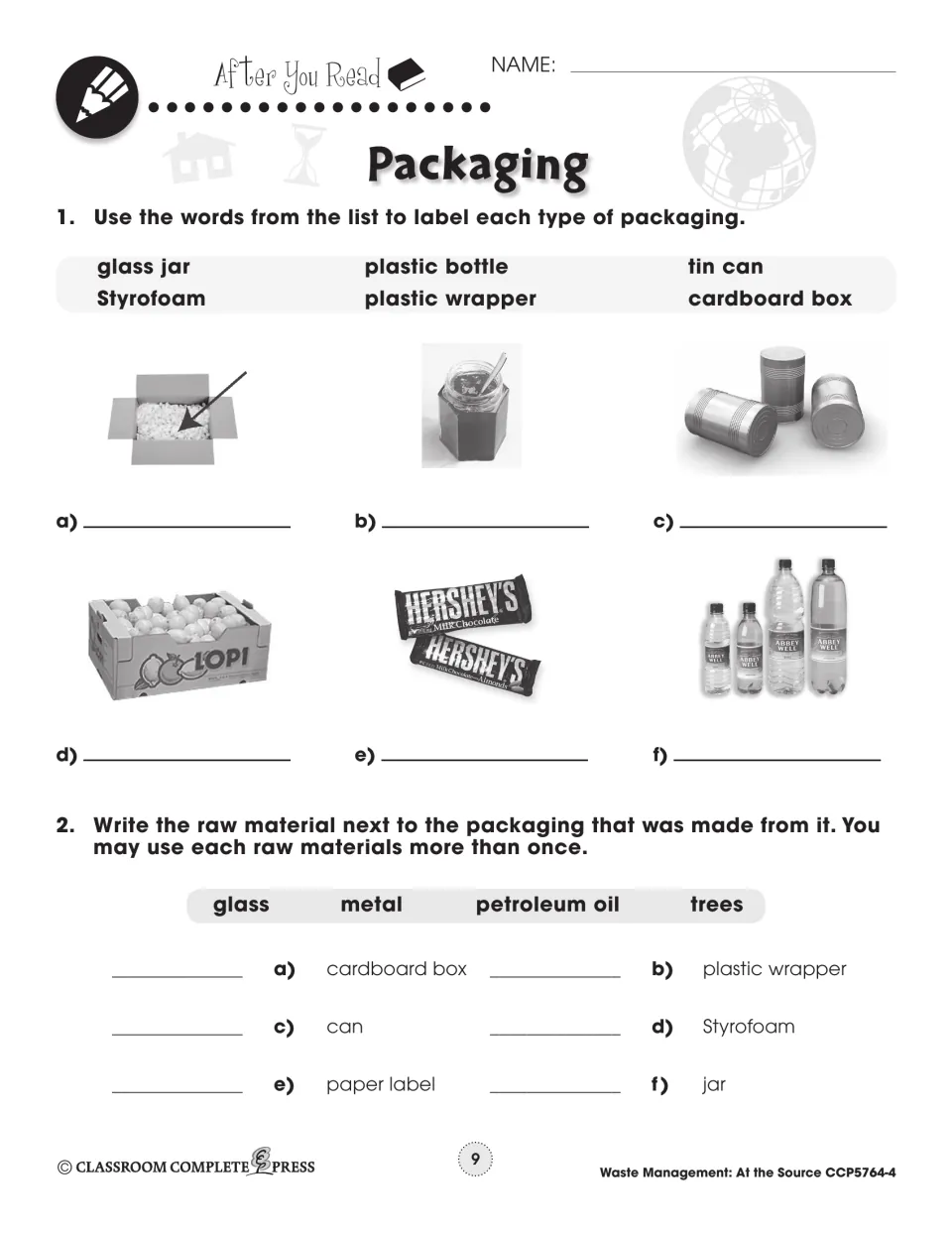 After You Read: label packaging photos such as a glass jar and tin cans, then name each package's raw material