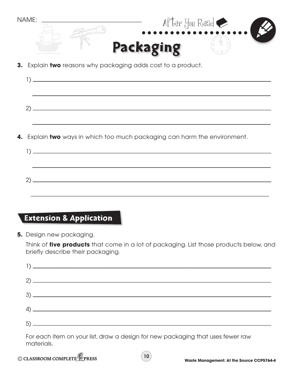 After You Read: how packaging adds cost and harms the environment, plus a five-product packaging redesign task