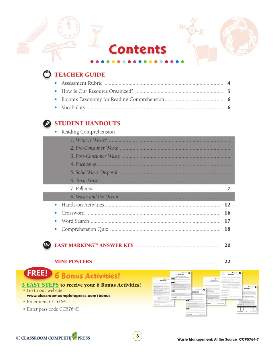 Contents for the full unit: teacher guide, 8 reading topics with Pollution on page 7, crossword, quiz, answer key