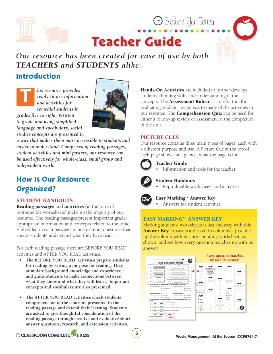 Teacher guide: how the reading passages, Before and After You Read pages, and Easy Marking answer key work