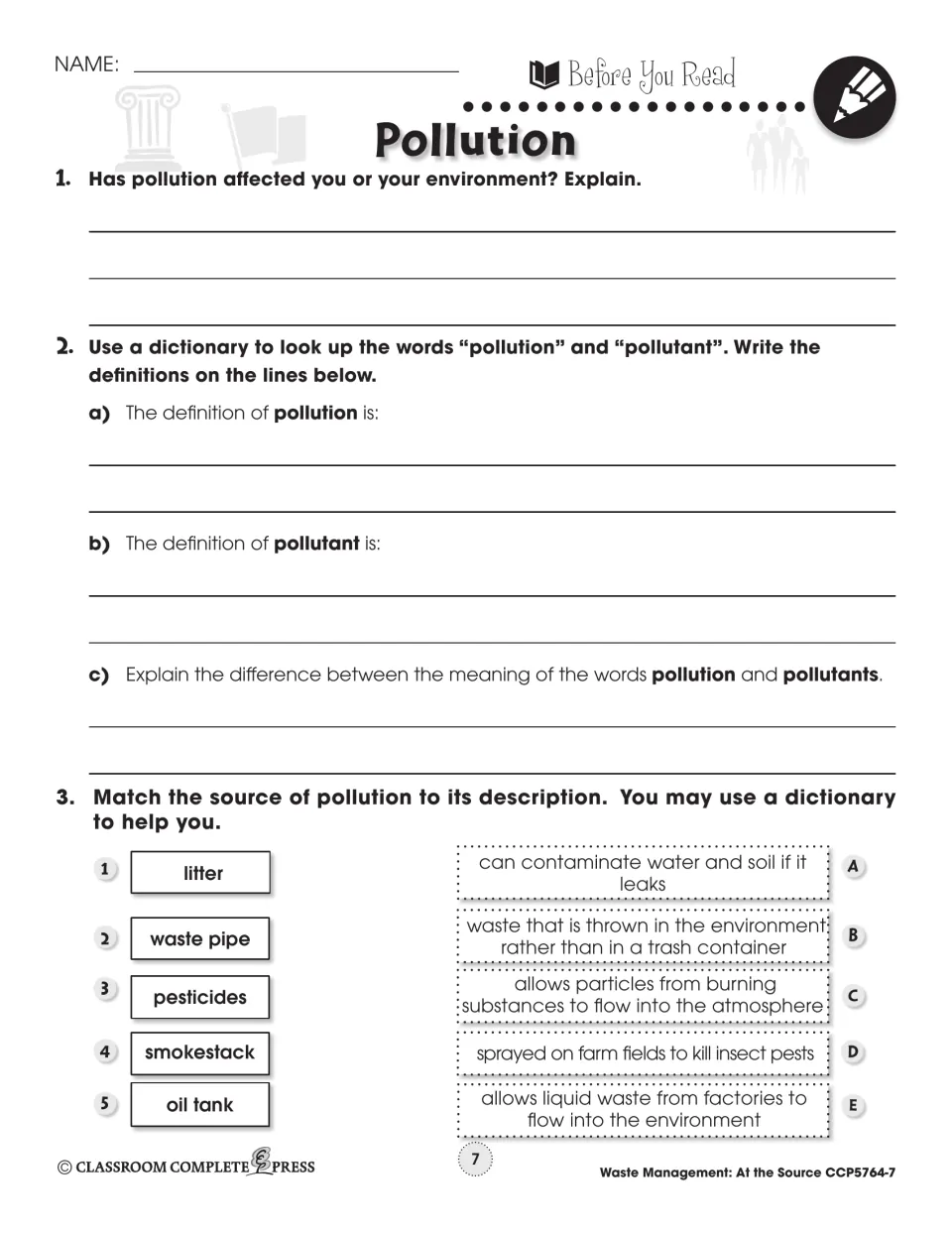 Before You Read on pollution: define 'pollution' and 'pollutant'; match litter, smokestack and more to descriptions