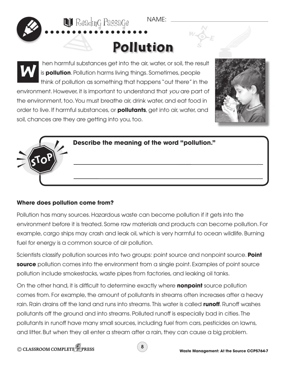 Pollution reading passage part 1: what pollutants are, and point vs. nonpoint sources like smokestacks and runoff
