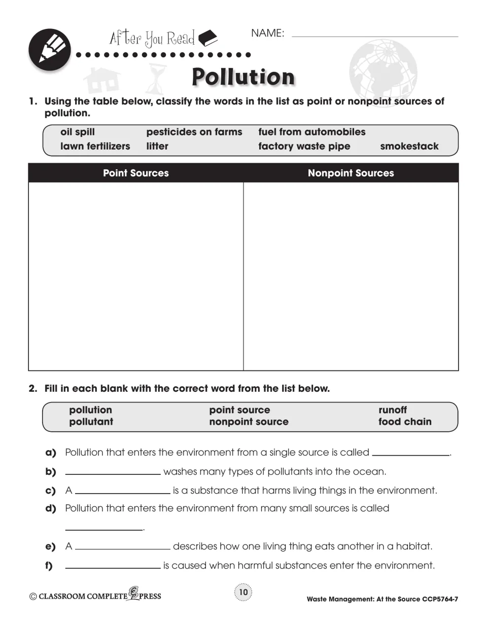 After You Read: sort oil spill, smokestack and more as point or nonpoint sources, then 6 fill-in-the-blank items