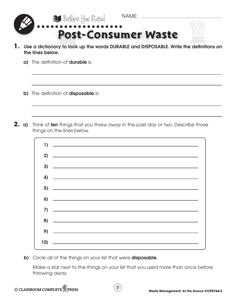 Before You Read page: define durable and disposable, then list 10 things you threw away and circle the disposables