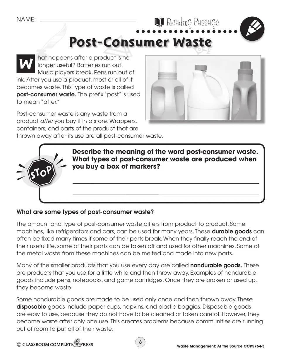Reading passage on post-consumer waste: durable, nondurable and disposable goods, with a STOP question