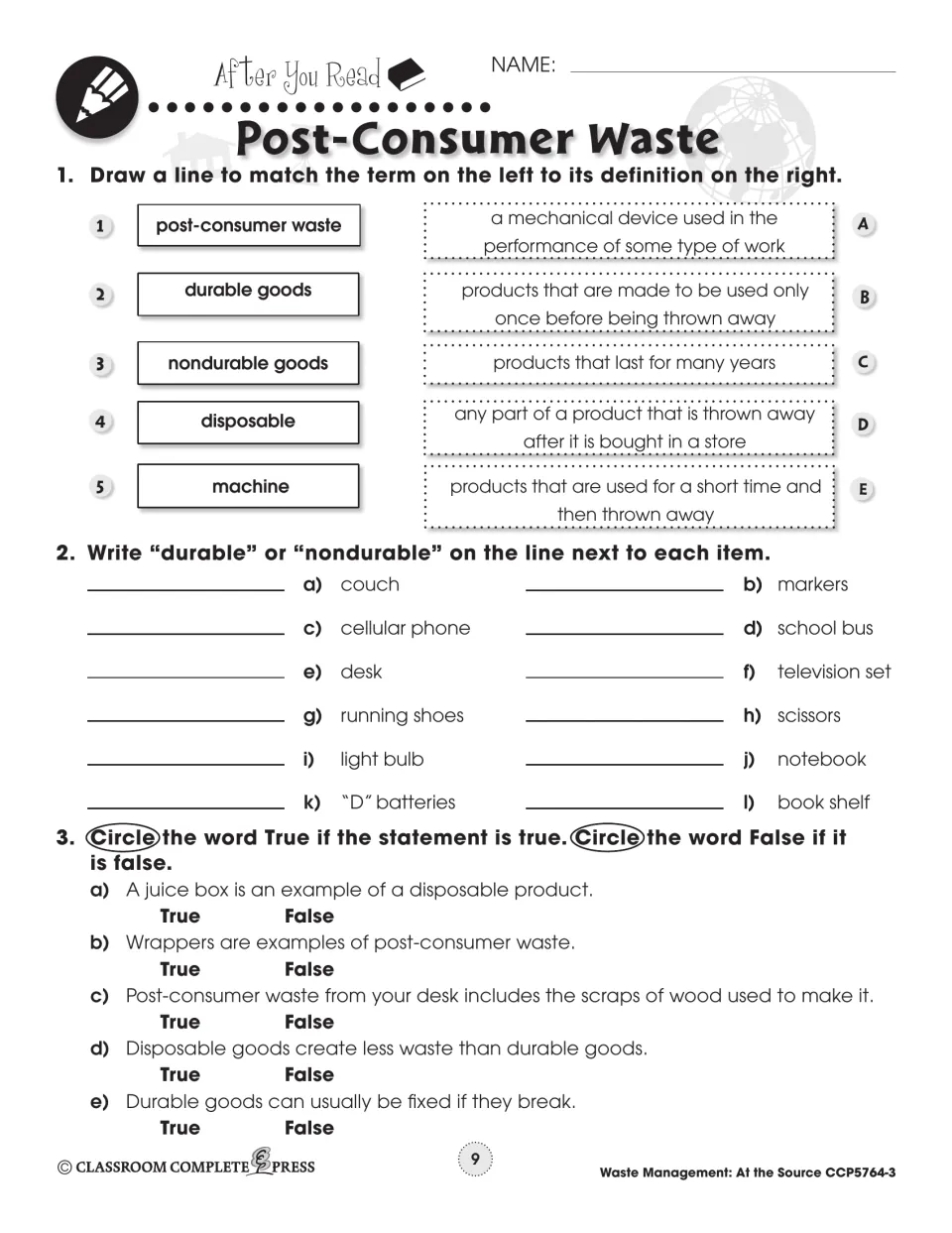 After You Read questions 1–3: match 5 terms, label 12 items durable or nondurable, and 5 true-or-false statements