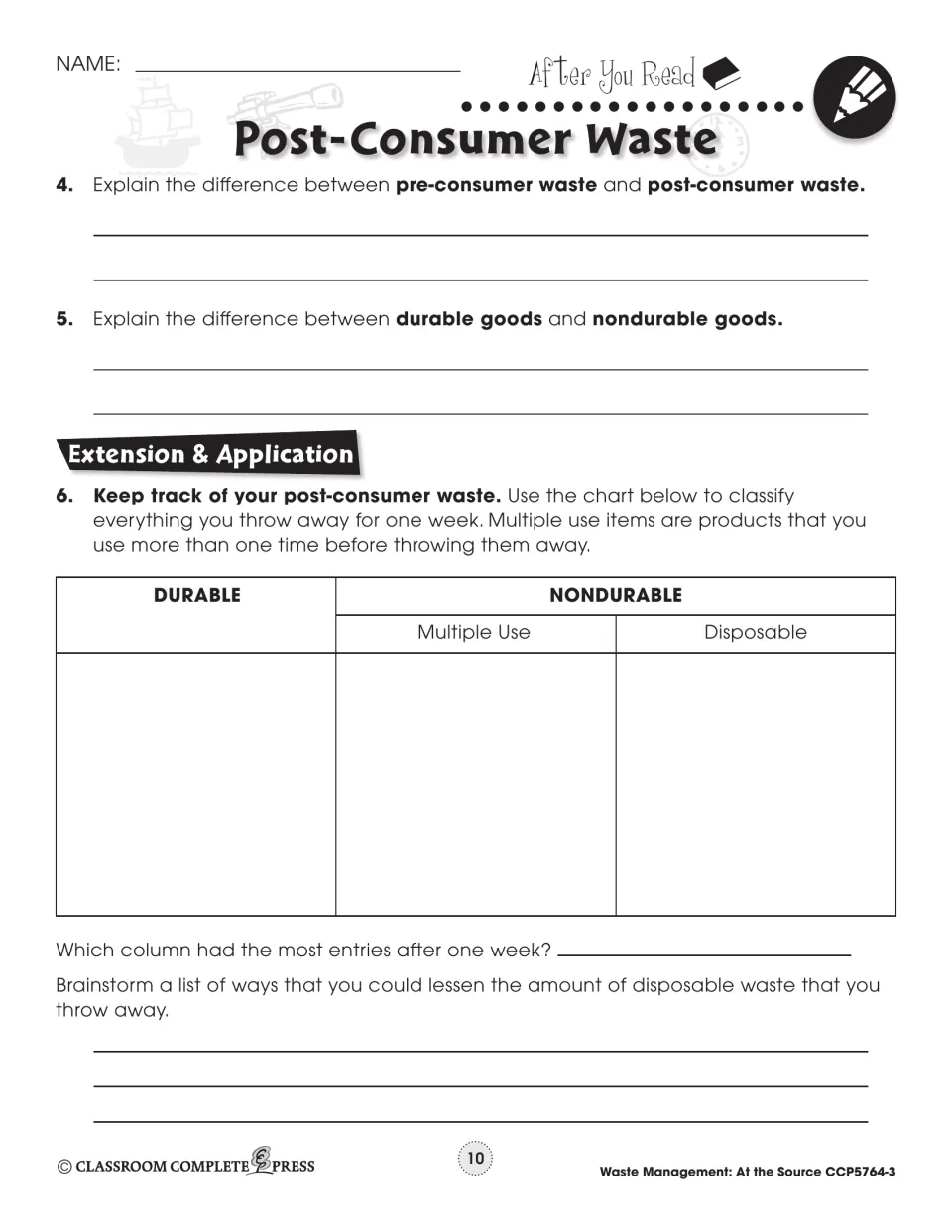 After You Read questions 4–6: compare waste types and goods, then a one-week chart to track your own trash