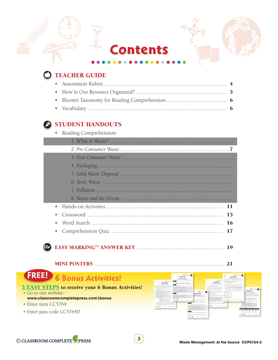 Contents listing the teacher guide, the Pre-Consumer Waste reading on page 7, quiz, answer key and mini posters