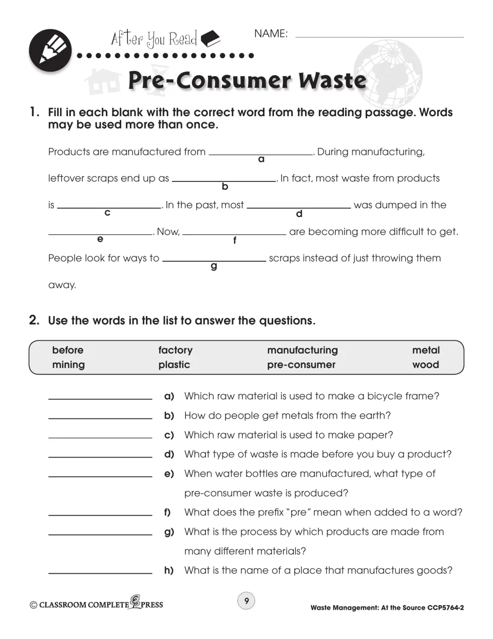 After You Read part 1: fill-in-the-blank passage summary and 8 questions using words like mining and factory
