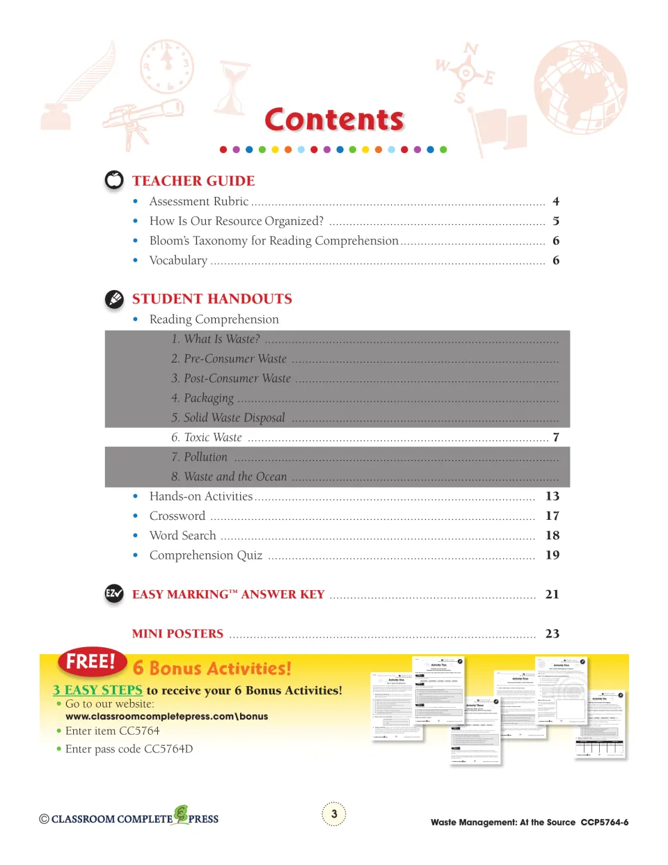 Contents page: teacher guide, Toxic Waste reading on page 7, crossword, word search, quiz and answer key