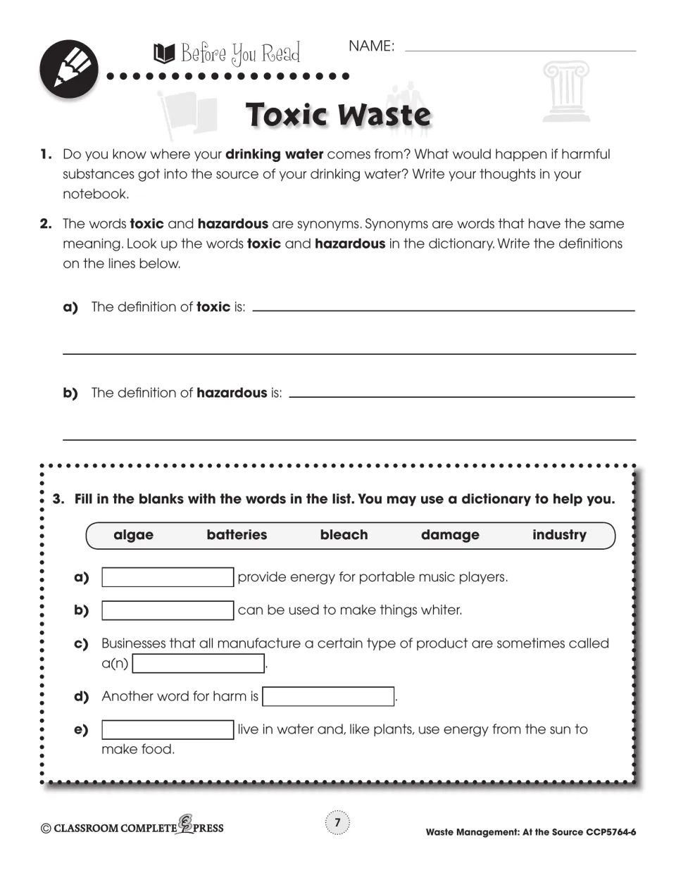 Before You Read: Toxic Waste questions on drinking water, defining toxic and hazardous, and a word-bank fill-in