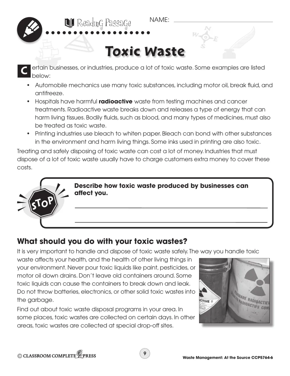 Toxic Waste passage part 2: industries that make toxic waste, such as hospitals, and how to dispose of it safely