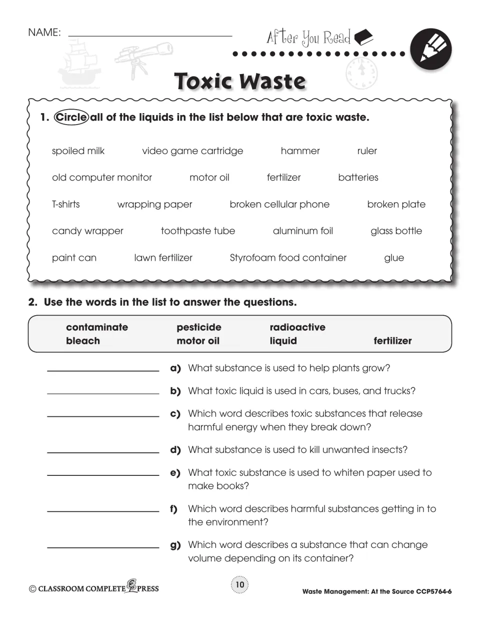 After You Read: Toxic Waste page to circle toxic waste in a list of 20 items, plus seven word-bank questions