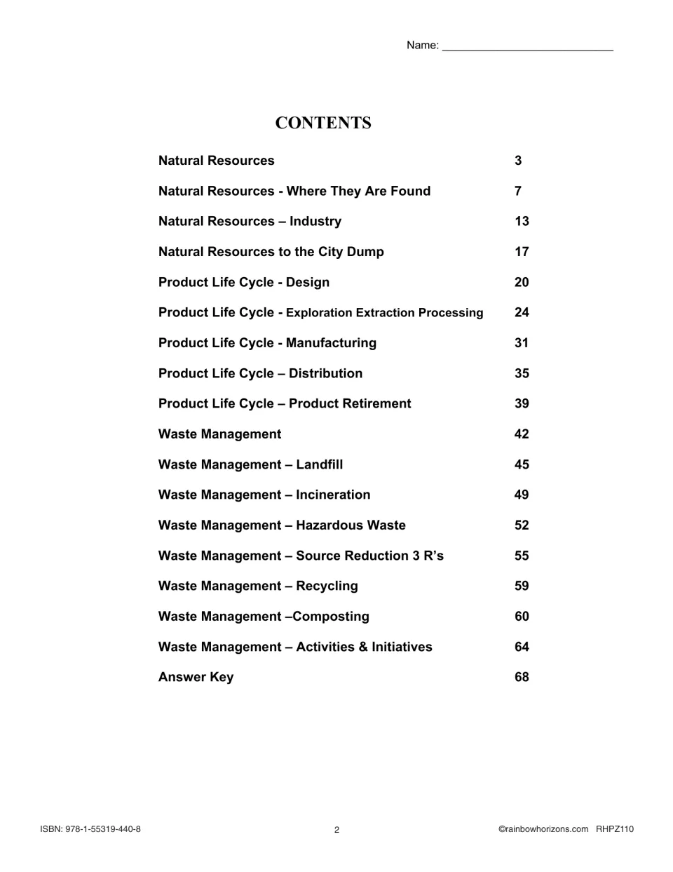 Contents for the teaching resource, listing natural resources, product life cycles, waste management, and answers