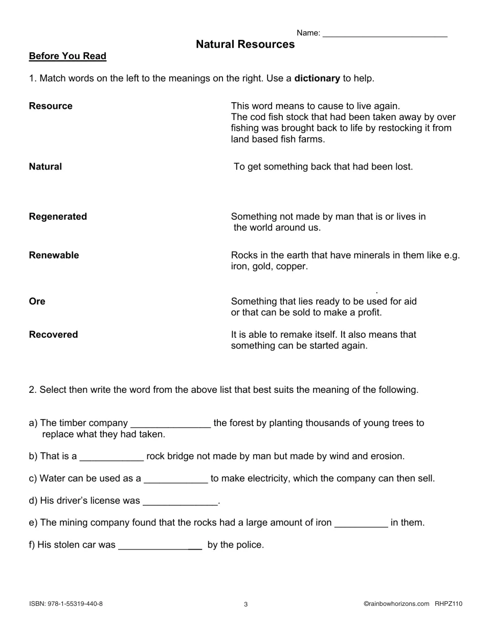 Natural resources vocabulary practice: resource, natural, regenerated, renewable, ore, and recovered