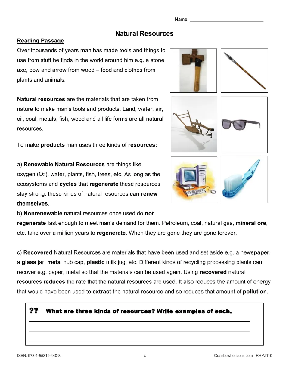 Natural resources reading explains renewable, nonrenewable, and recovered resources and asks for examples
