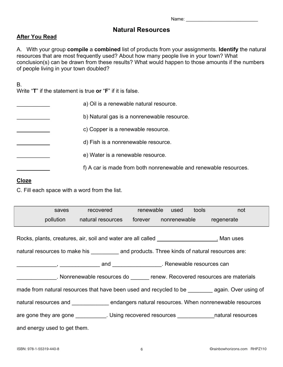 Natural resources review combines a group product-list task, six true-or-false items, and a cloze passage
