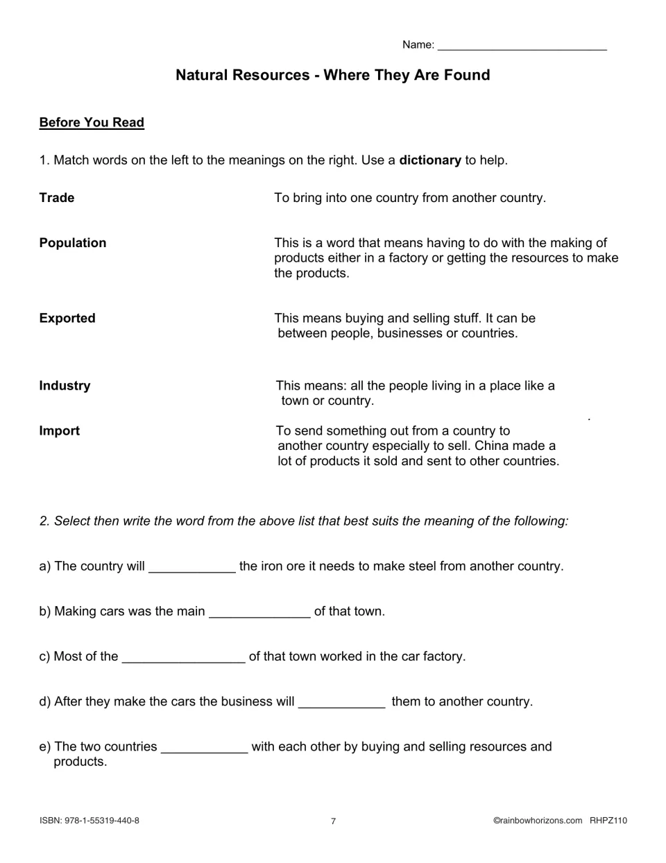 Resource distribution vocabulary practice covers trade, population, exported, industry, and import