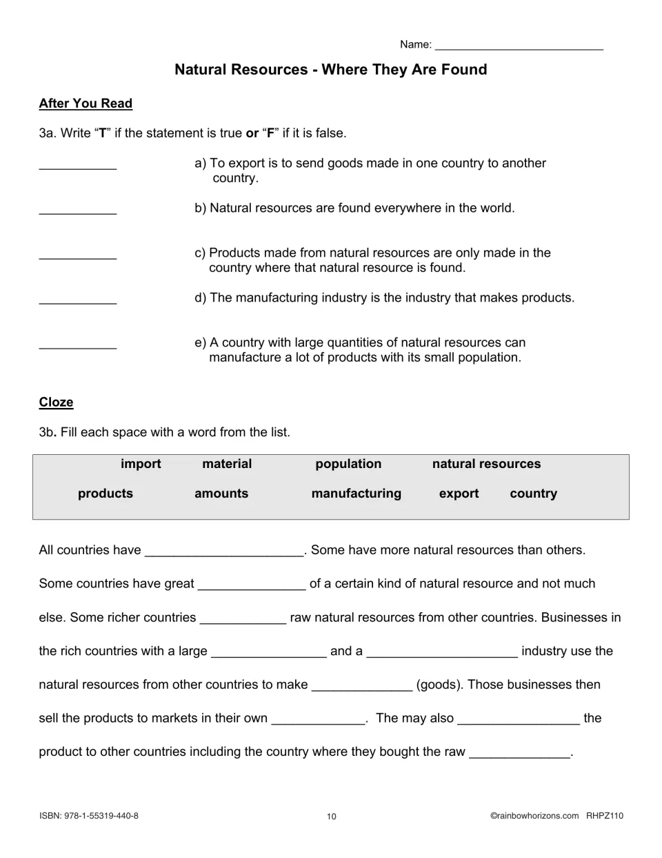 Resource distribution review includes five true-or-false statements and a cloze passage about trade and manufacturing