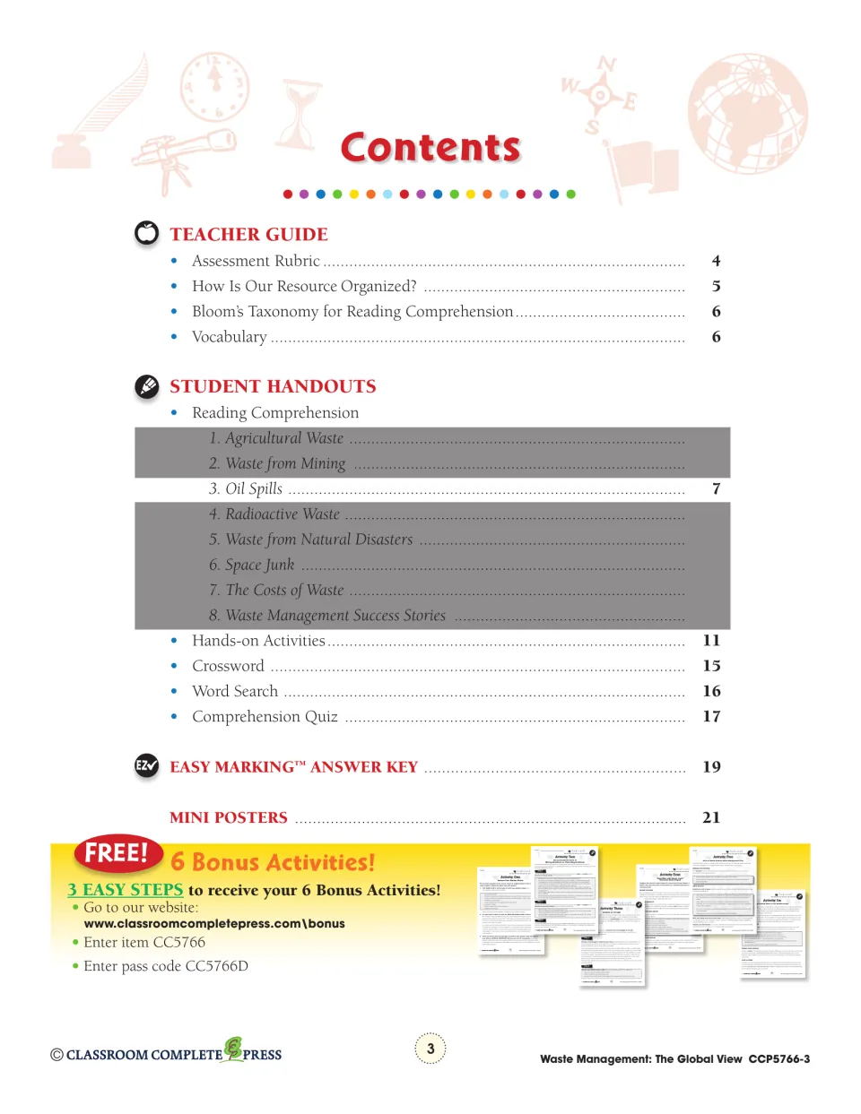 Table of contents: teacher guide, Oil Spills reading on page 7, crossword, word search, quiz, answer key, posters