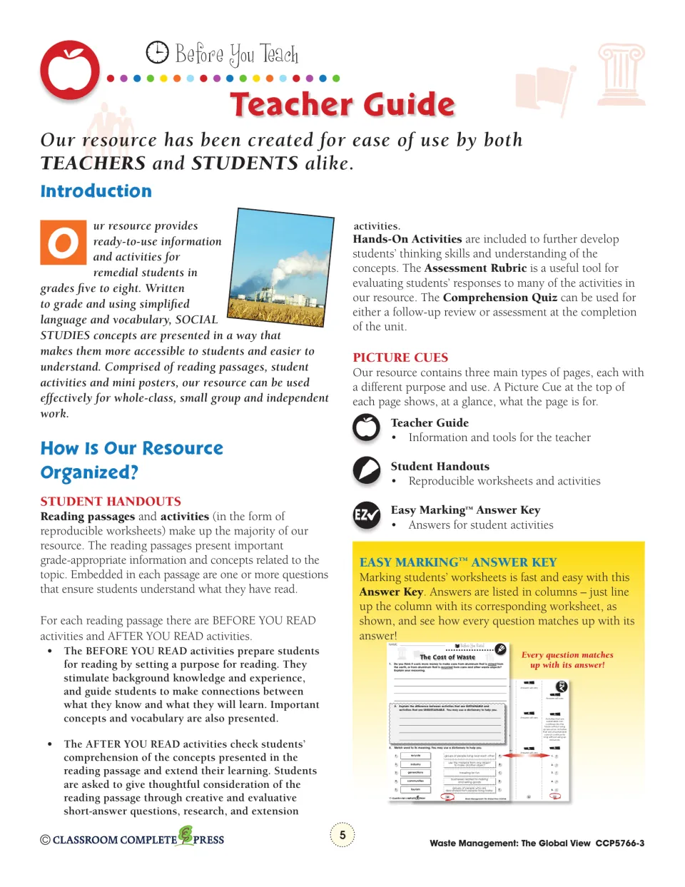 Teacher guide introduction explaining the reading passages, before and after reading activities and answer key