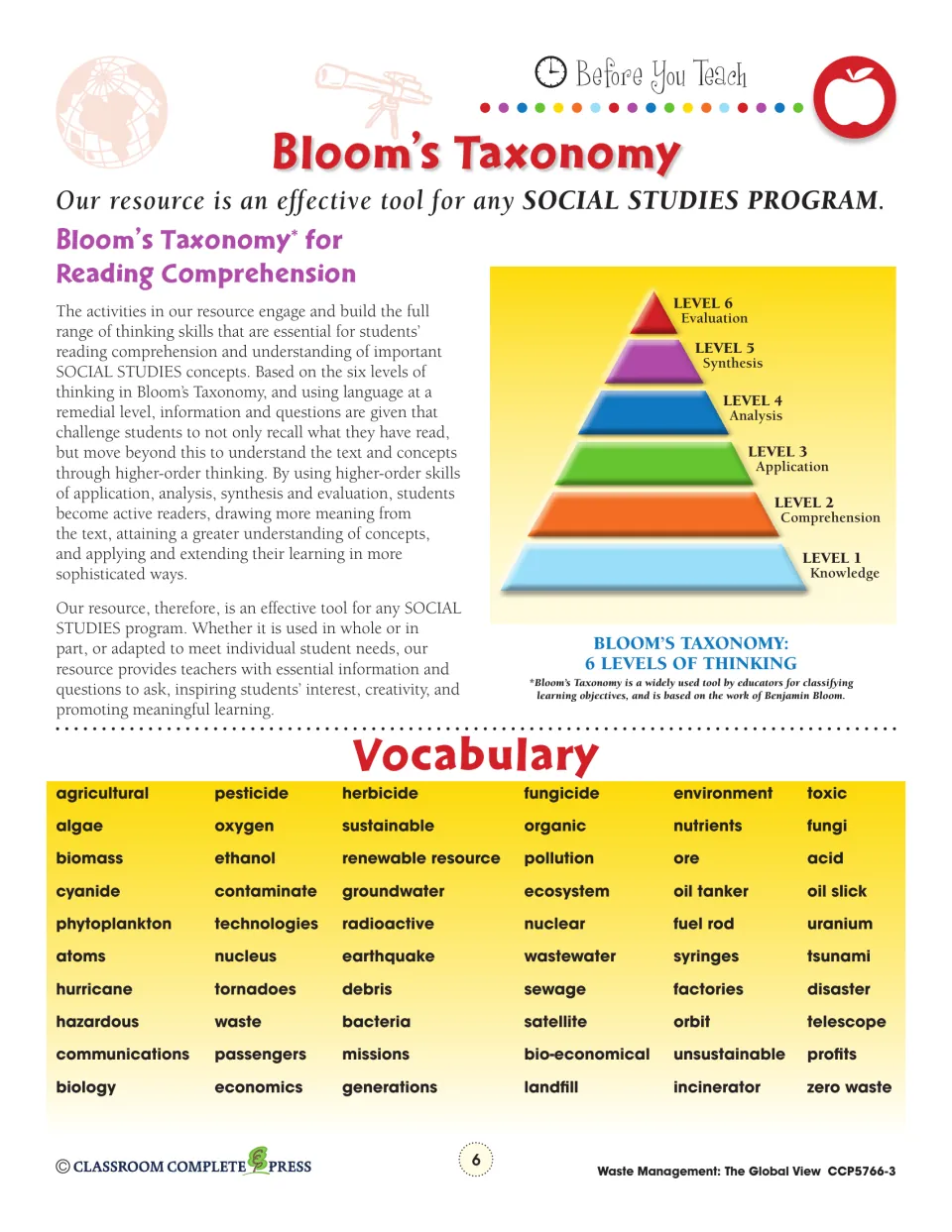 Bloom's Taxonomy six levels of thinking pyramid and unit vocabulary list: oil slick, oil tanker, ecosystem and more