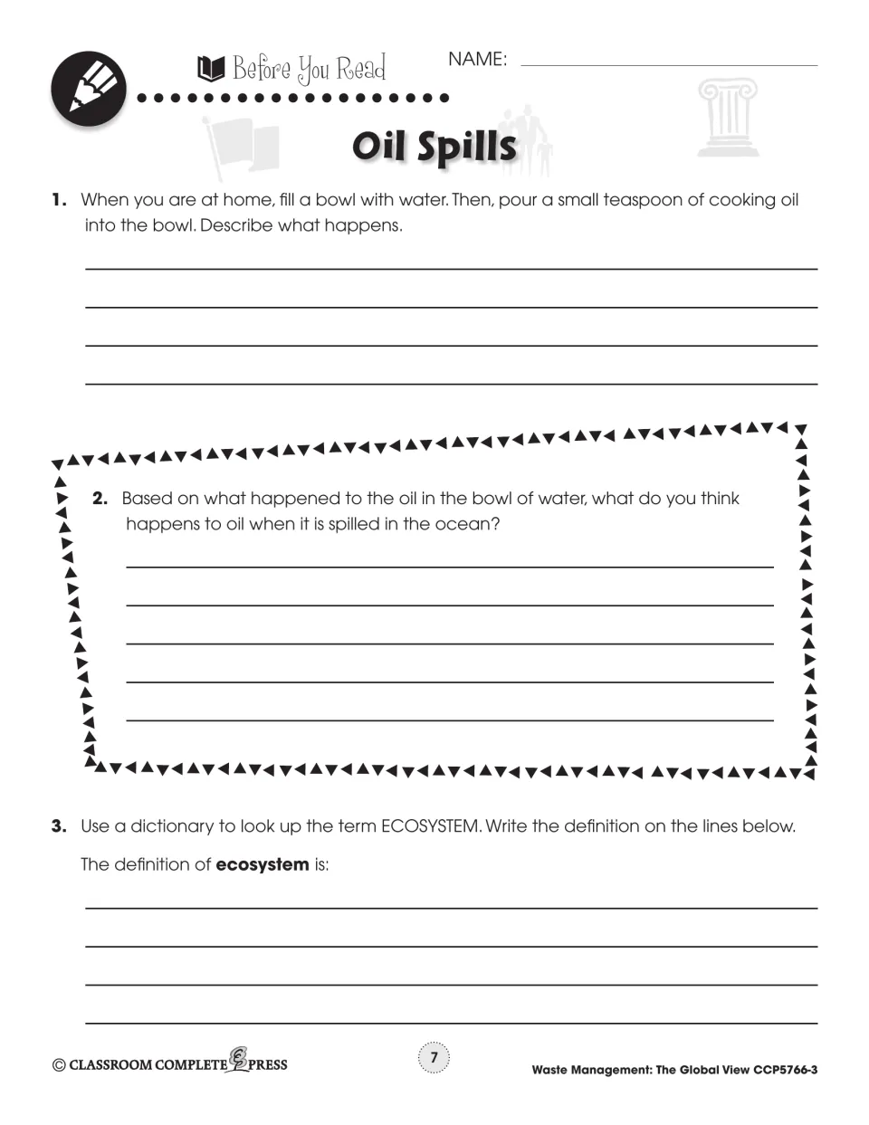 Before You Read: Oil Spills questions on oil poured into a bowl of water, oil in the ocean, and defining ecosystem