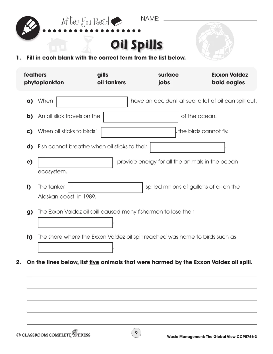 After You Read questions 1–2: fill in blanks with terms like gills and oil tankers, and list five harmed animals