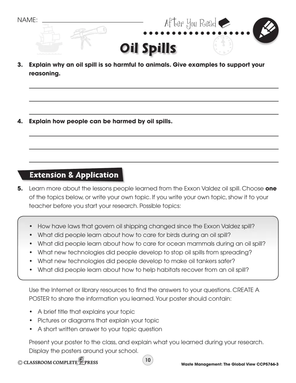 After You Read questions 3–5: how oil spills harm animals and people, plus an Exxon Valdez research poster project
