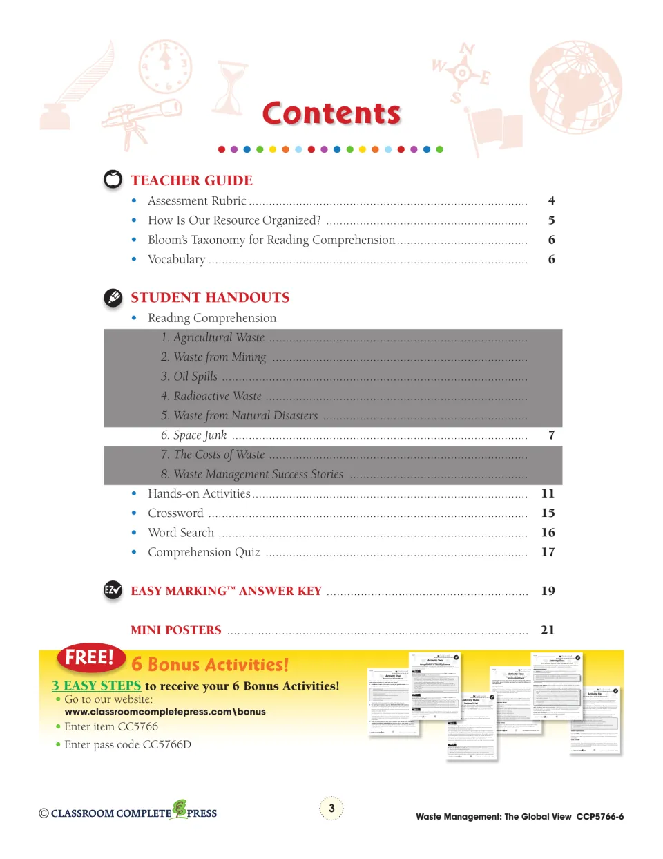 Contents identifying the space junk reading section, teacher guide, activities, quiz, and answer key