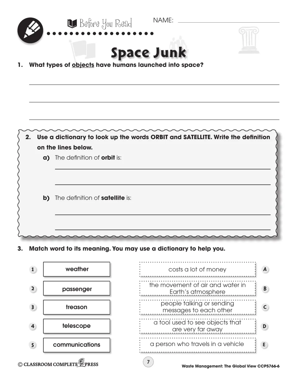 Prereading activities ask about objects launched into space, define orbit and satellite, and match vocabulary