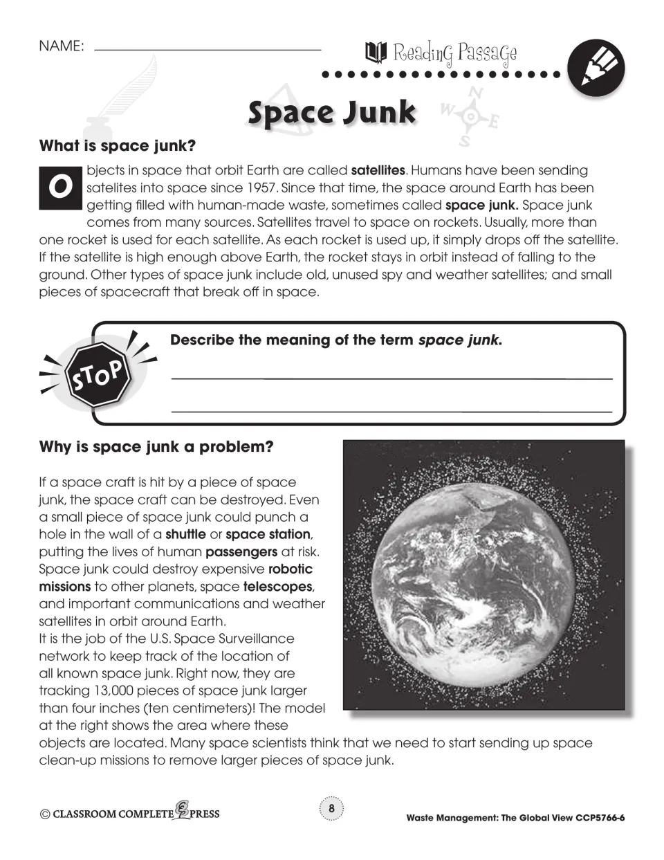 Reading passage explains sources and dangers of space junk, with a definition prompt and orbital debris model