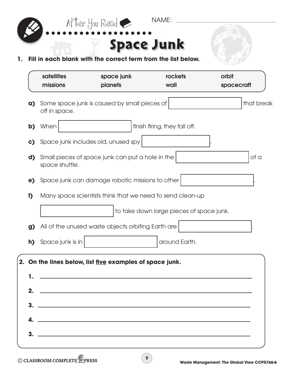 First postreading page asks students to complete eight space junk statements and list five examples
